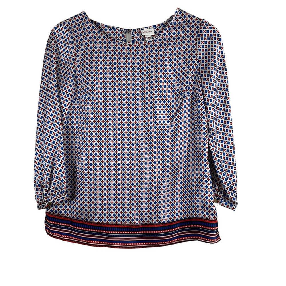 Merona Women's Blouse Red Blue‎ Geo 3/4 Sleeves Size XS